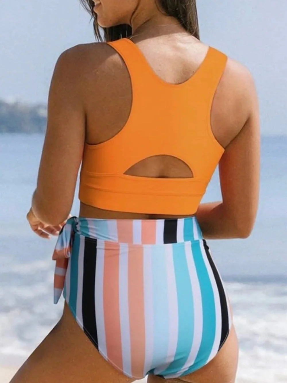 Orange Crop Tank Bikini Top with High-Waist Striped Tie-Side Bottom Set
